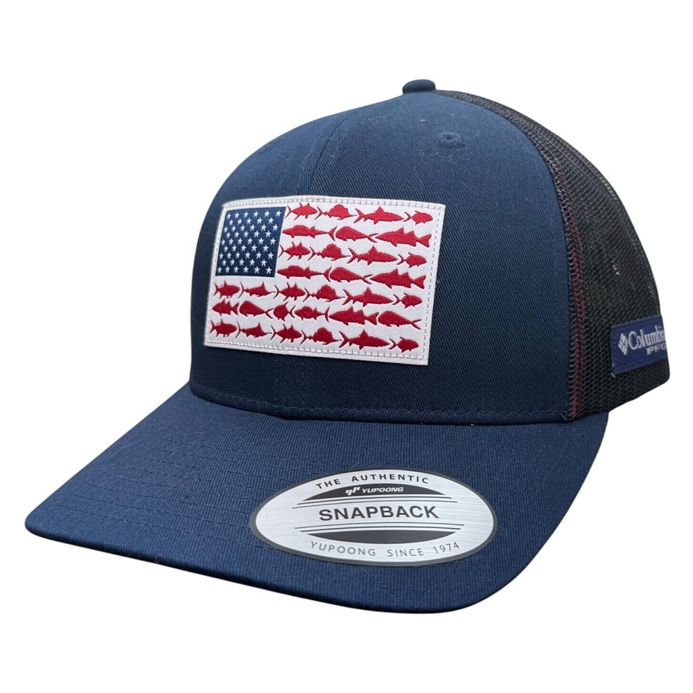 Columbia PFG Navy Blue American Flag Fish Patch Mesh Trucker Snapback Hat CU0141